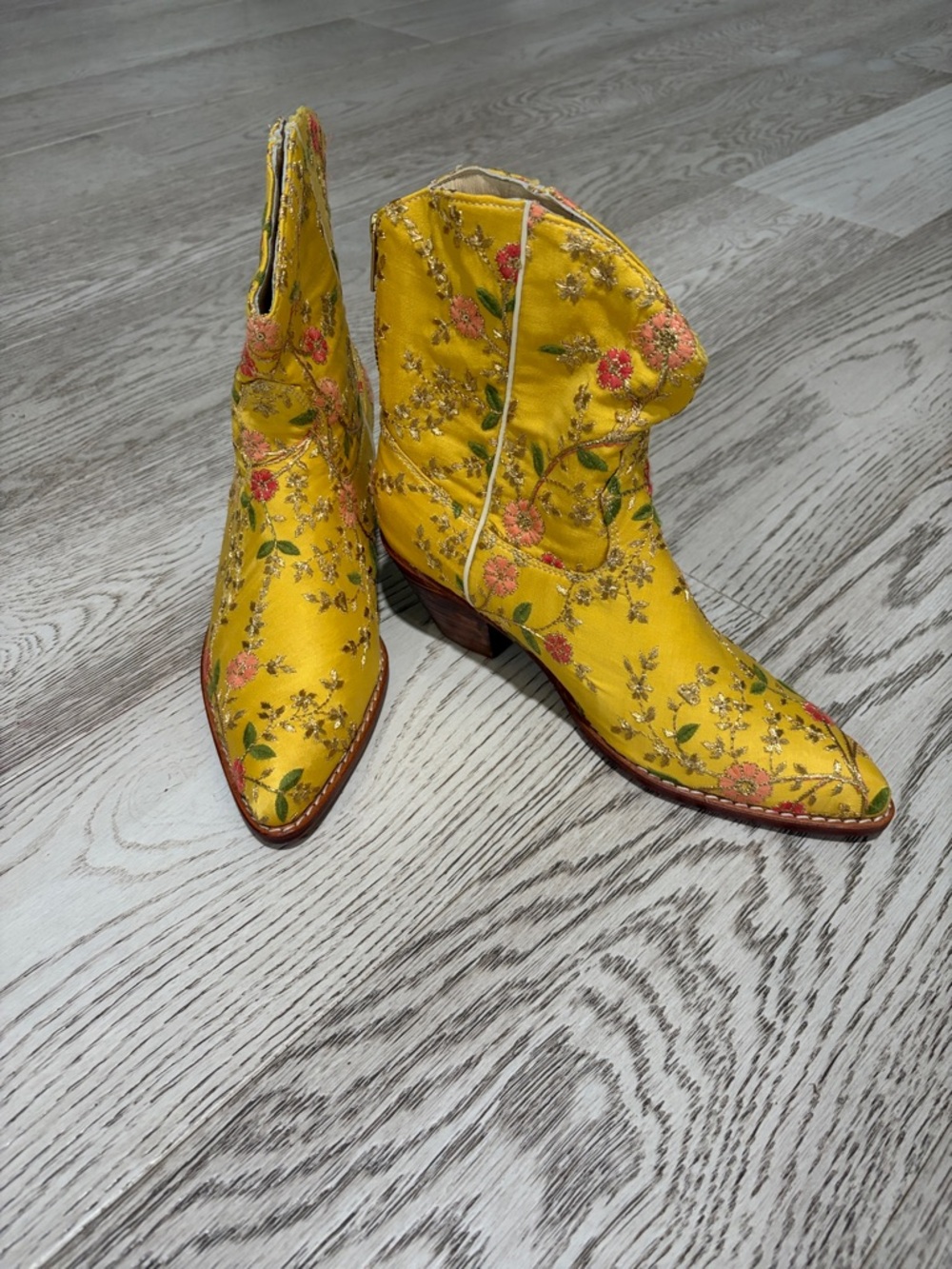 Free People Yellow Floral Embroidered Western Ankle Boots